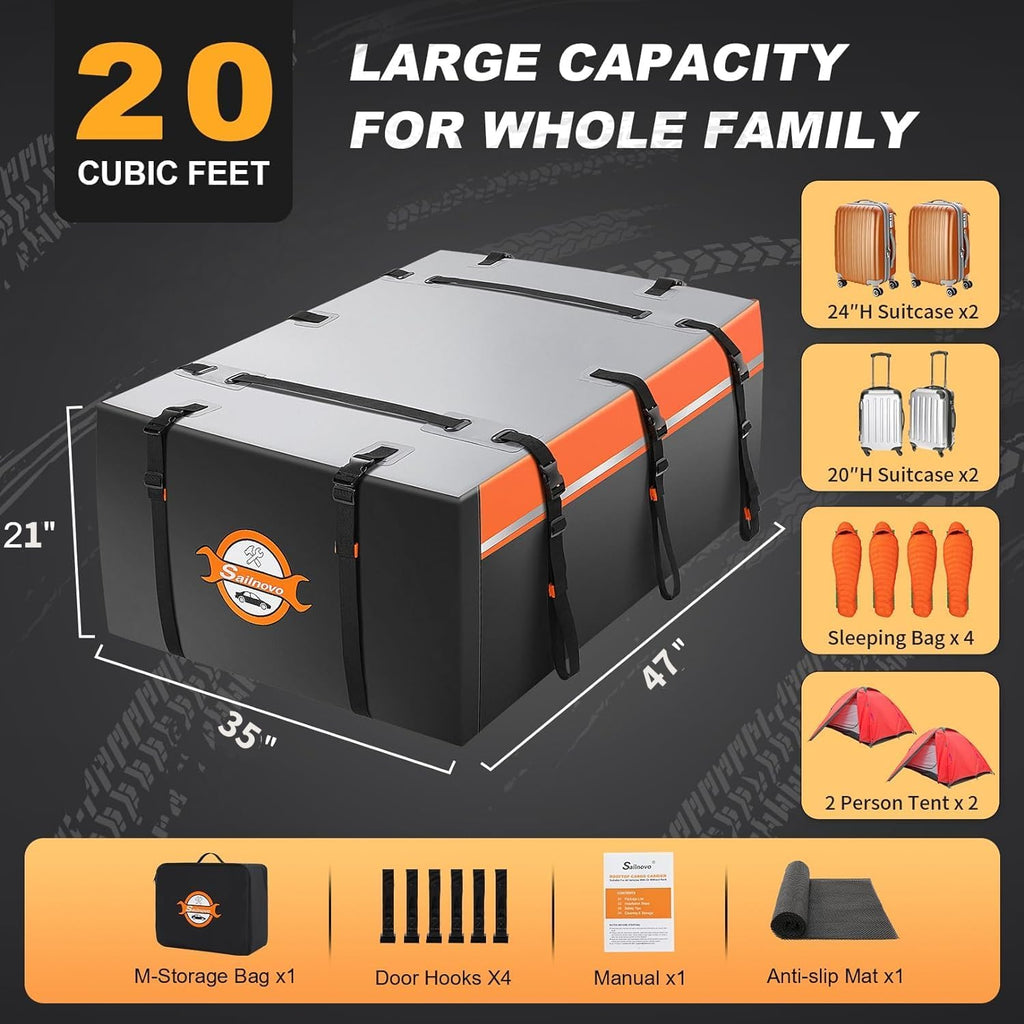Sailnovo Coffre de Toit Souple de 0,6 m3 avec Tapis antidérapant + 6 Crochets de Porte, Sac de Toit imperméable en PVC pour Voiture avec/sans Porte-Bagages, Noir