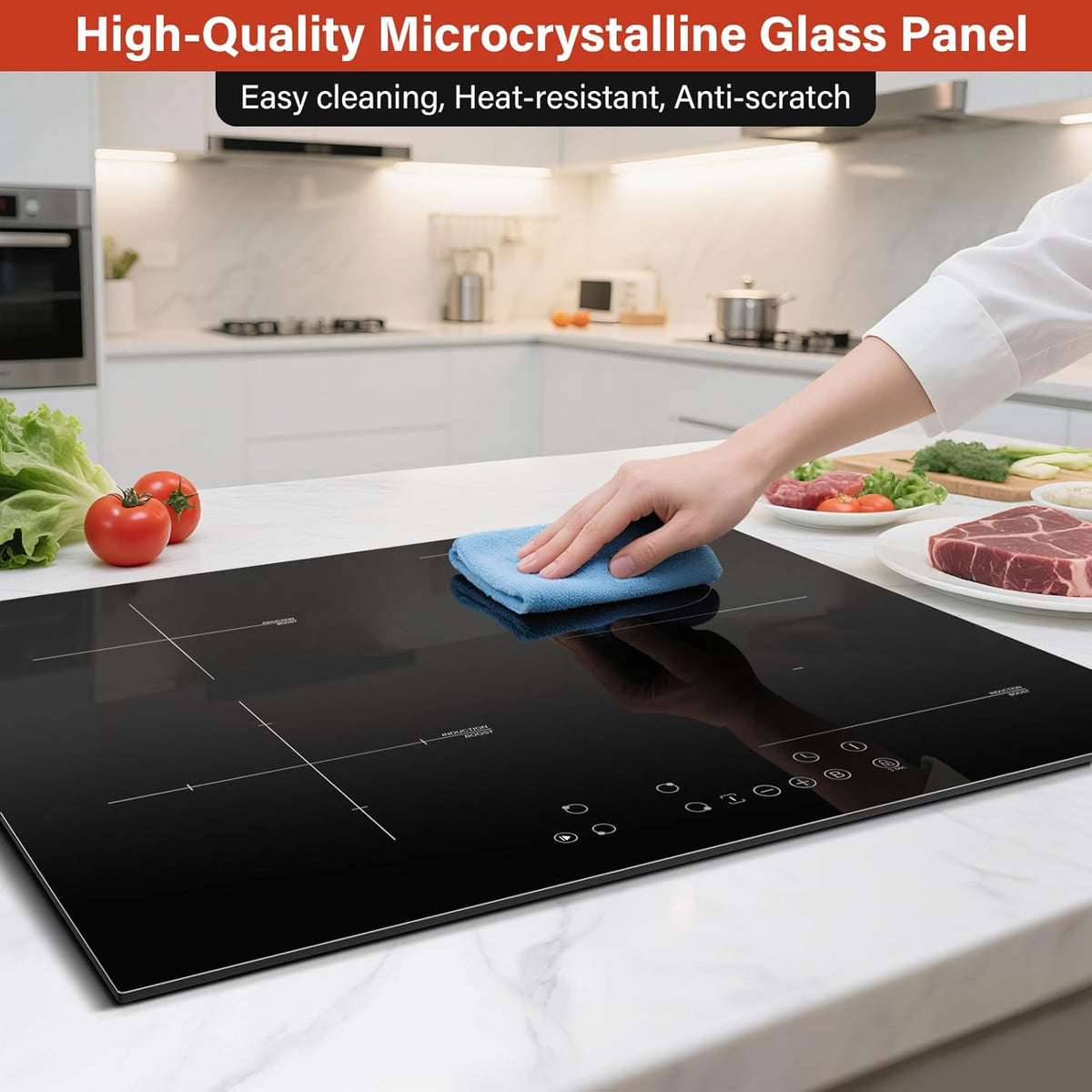 KICHPOWER Plaque Induction 4 Feux, 1 Zone Flexible, Plaque Induction 60cm Encastrable, Plaque de Cuisson électrique, Boost Fonction, Commande Tactile, 6000W, 9 Niveaux de puissance, Minuterie 1-99 Min