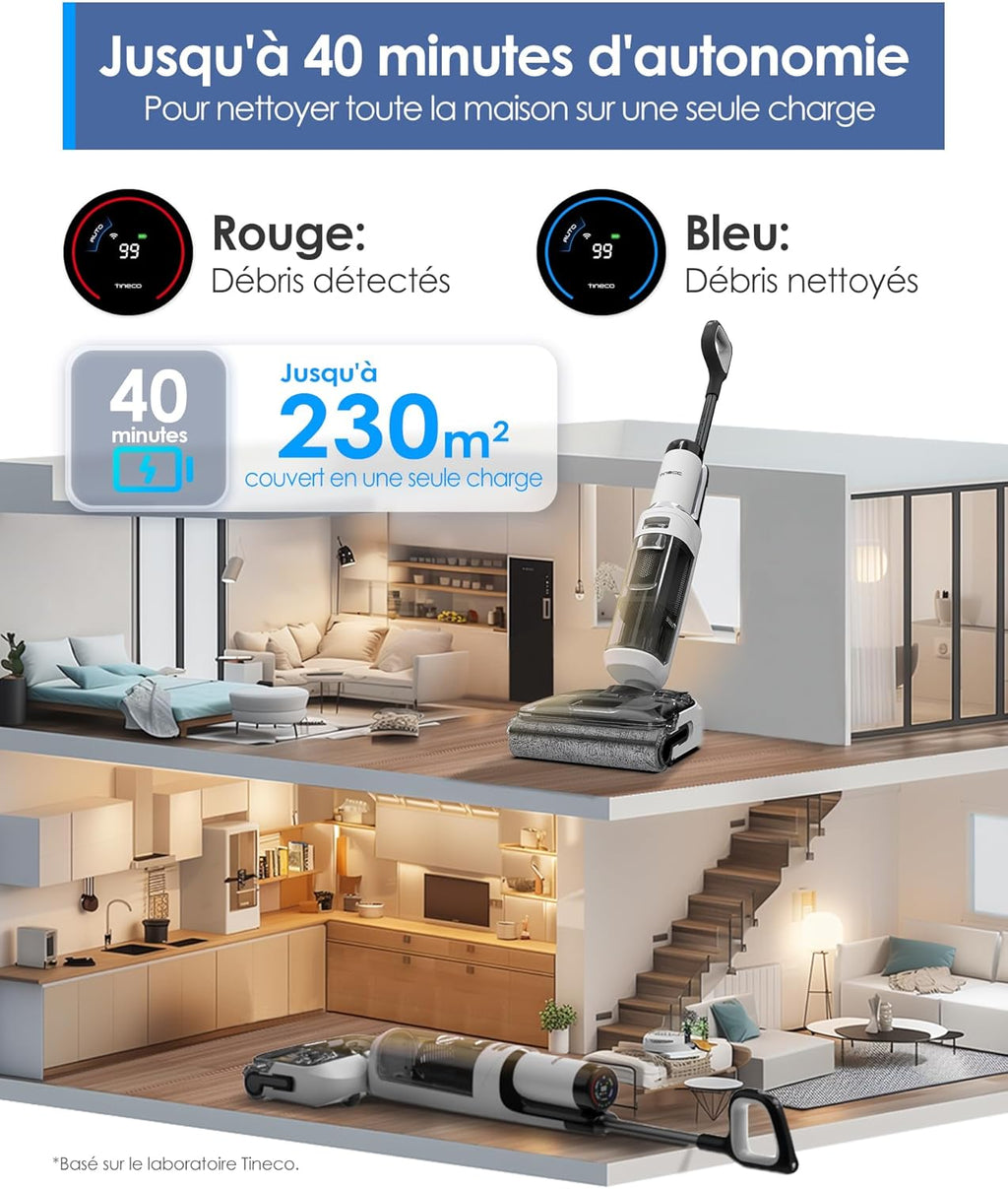 Tineco Aspirateur Balai sans Fil Floor One S6 Stretch Lite Aspirateur Laveur, S’aplatit à 180°, Auto-Nettoyage, Longue Autonomie, Nettoyage des Bords de 2 c?tés