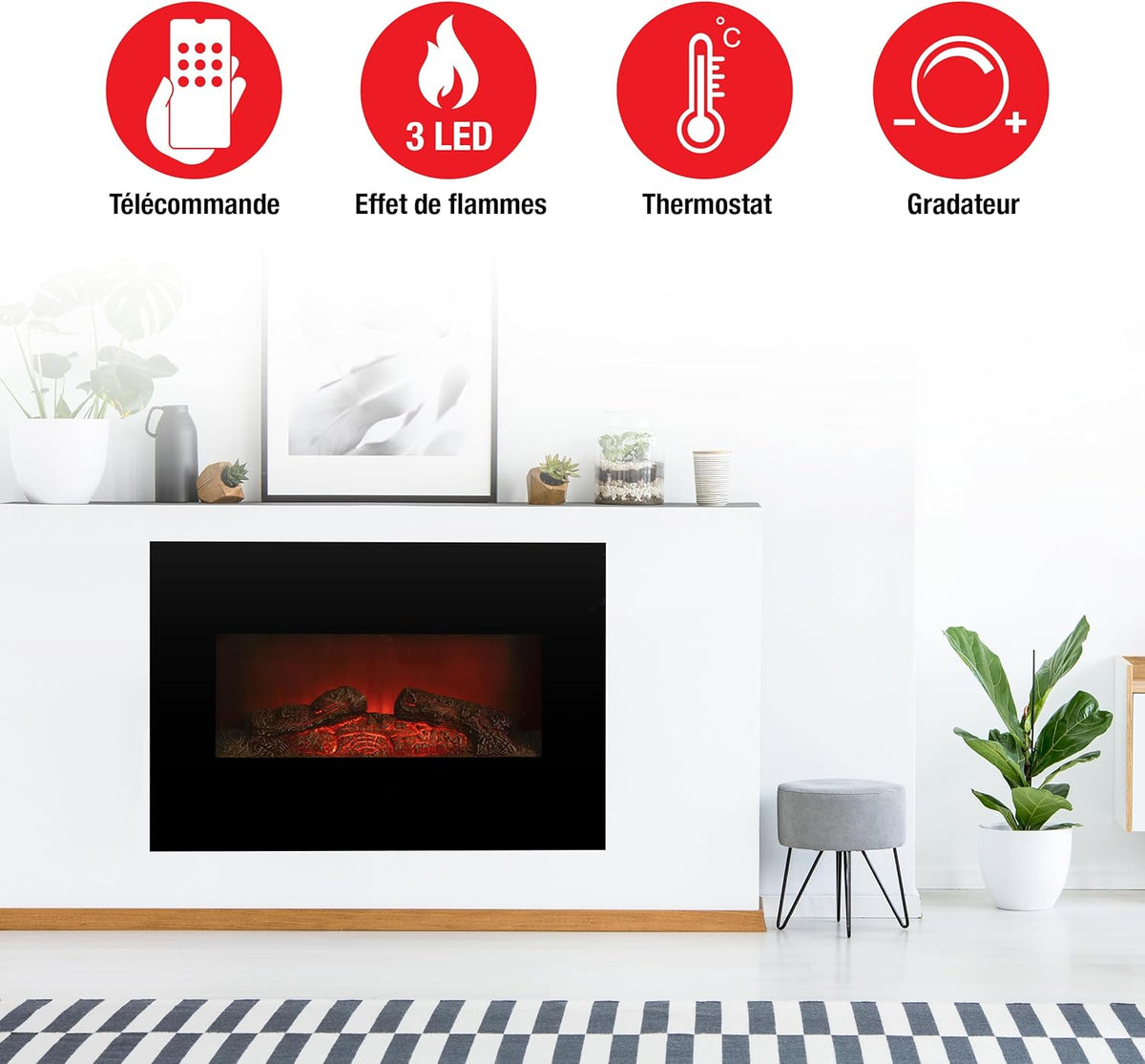 Classic Fire Cheminée Electrique Memphis - Cheminee Decorative 1800W - Cheminée électrique avec Effet Flame, Chauffage, Télécommande et Minuterie - Fixation Murale - Noir