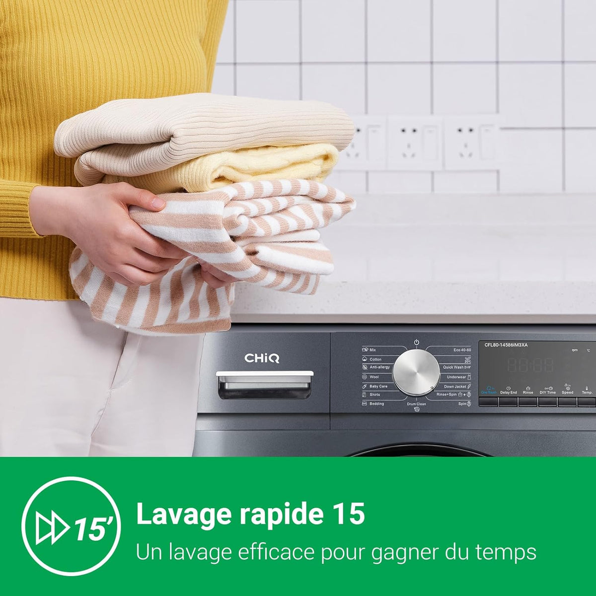 CHiQ Lave-linge CFL80-14586IM3XA, Chargement frontal 8 kg,Space Pro,Moteur Inverter stable, 1400 tr/min, Programme intelligent à IA, Fonction vapeur, Lavage rapide 15 minutes, 15 cycles lavage, Gris