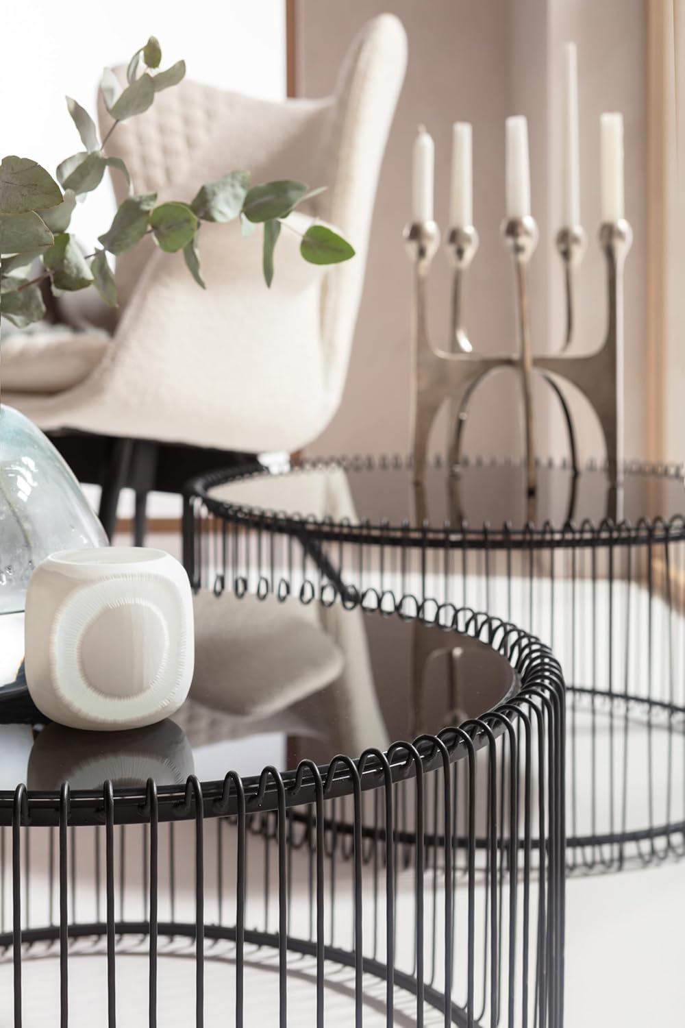 Kare Design Tables Basses Wire, Lot de 2, Noir, Rond, Acier, Plateau de Table en Verre, Diamètre 70/60cm, Style Moderne, élégante, Table Basse Salon, Deco Intérieur, Décoration Chambre
