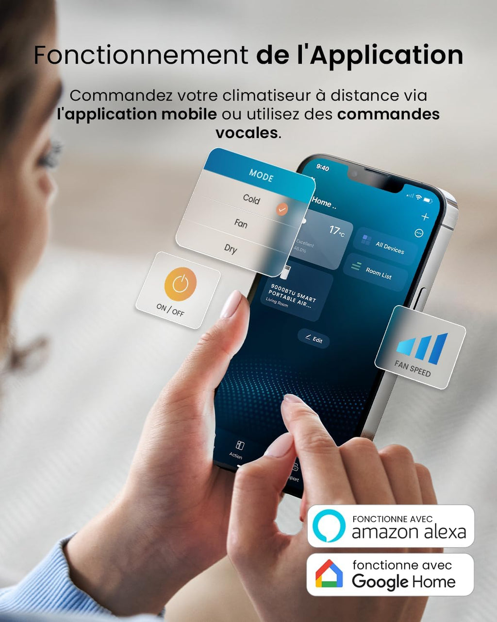 Pro Breeze Climatiseur Mobile 4-en-1 9000 BTU - Clim Puissante compatible WiFi avec Application- Minuterie 24 heures, Télécommande et Kit Fenêtre inclus pour Chambre, Salon 22m2 [Classe énergétique A]