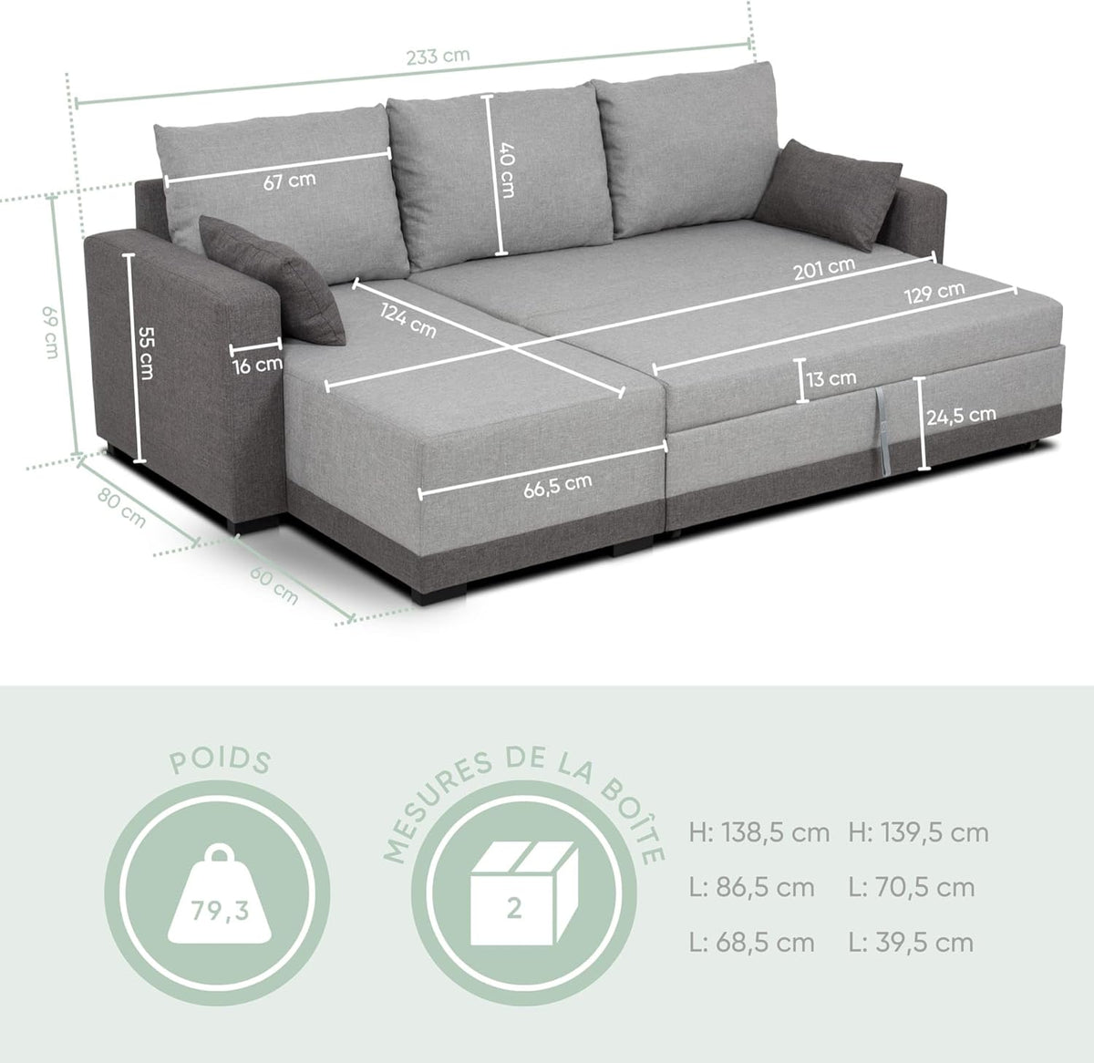 BUDWING Leah, Canapé-lit d’Angle Gris Bicolore - 4 Places - Chaise Longue Réversible, 2 Coussins Décoratifs - Tissu en Polyester - Style Moderne - 233 cm (Largeur) x 124 cm (Profondeur) x 69 cm