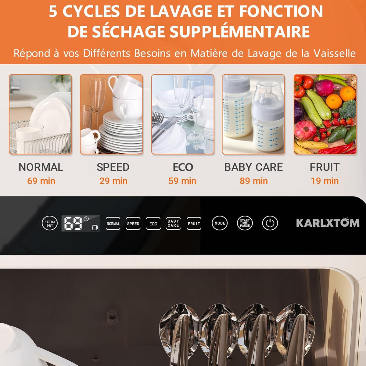 Karlxtom Lave-vaisselle de table, Mini Lave-vaisselle avec Comman destactiles à LED, 45CM, 6 Programmes, Lavage des fruits, Soins Pour Bébés