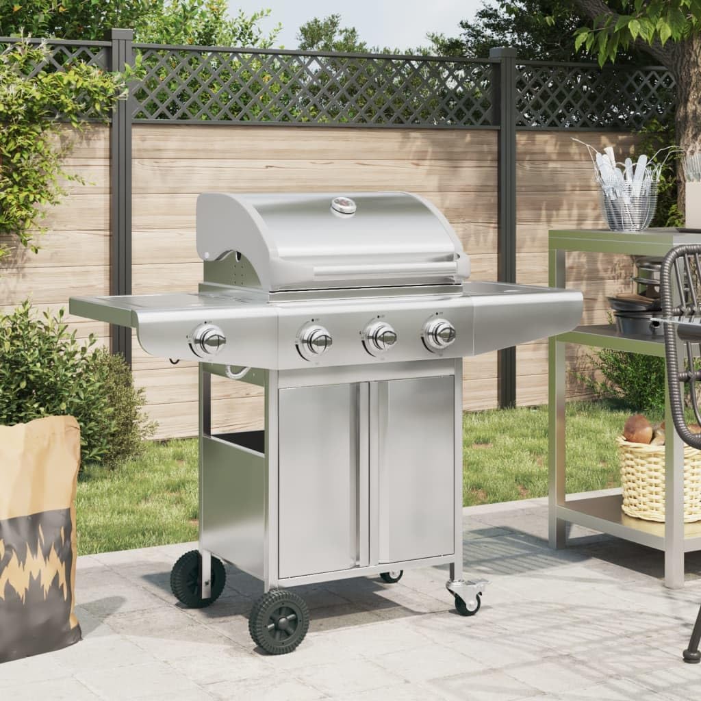 Furniture Select-Barbecue à gaz avec 4 br?leurs en acier inoxydable Argenté