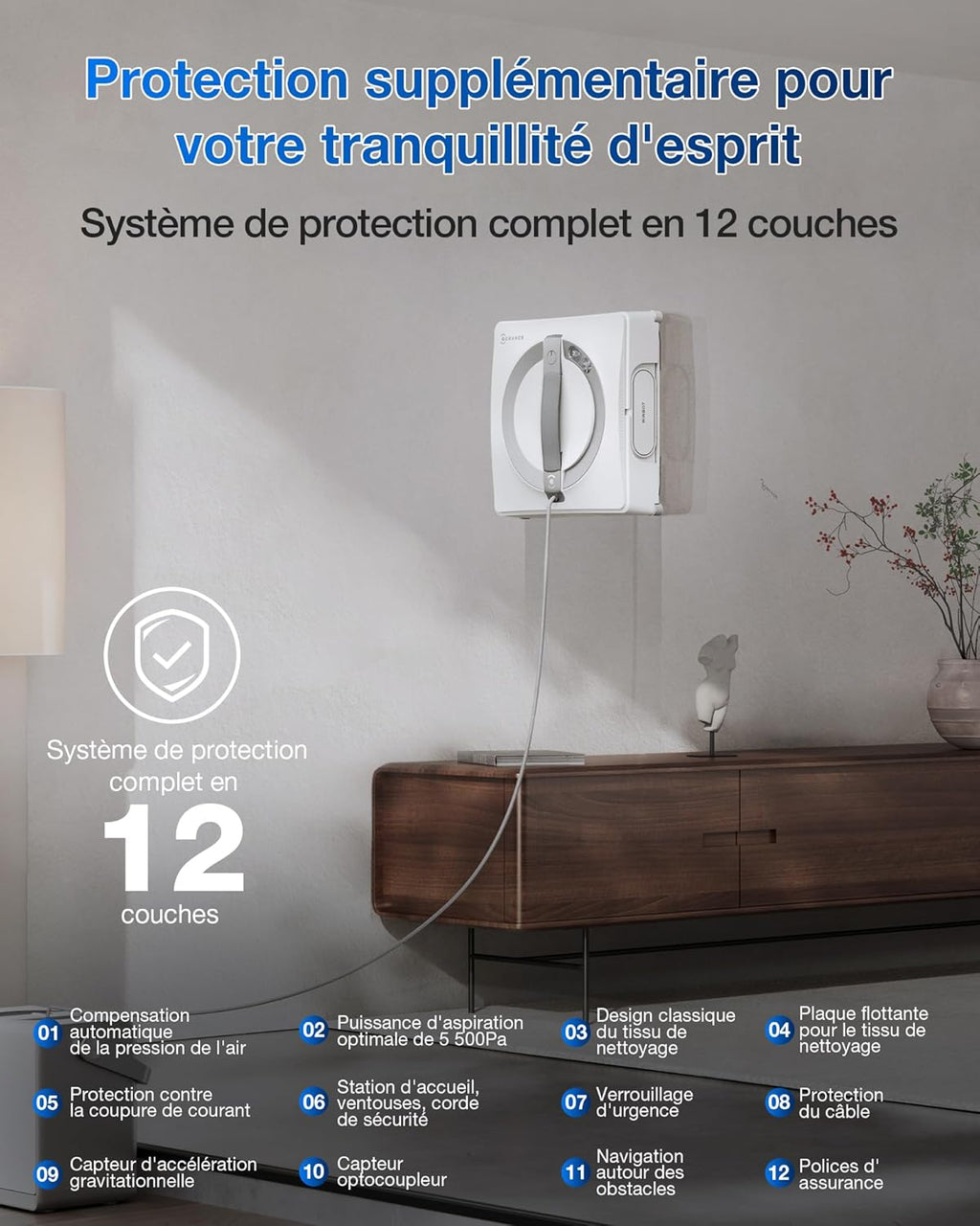 ECOVACS WINBOT W2 Pro Omni Robot Nettoyeur de vitres avec Station Multifonction, se Recharge Pendant Le Fonctionnement, buse à Triple Embout, système de Protection à 12 Niveaux