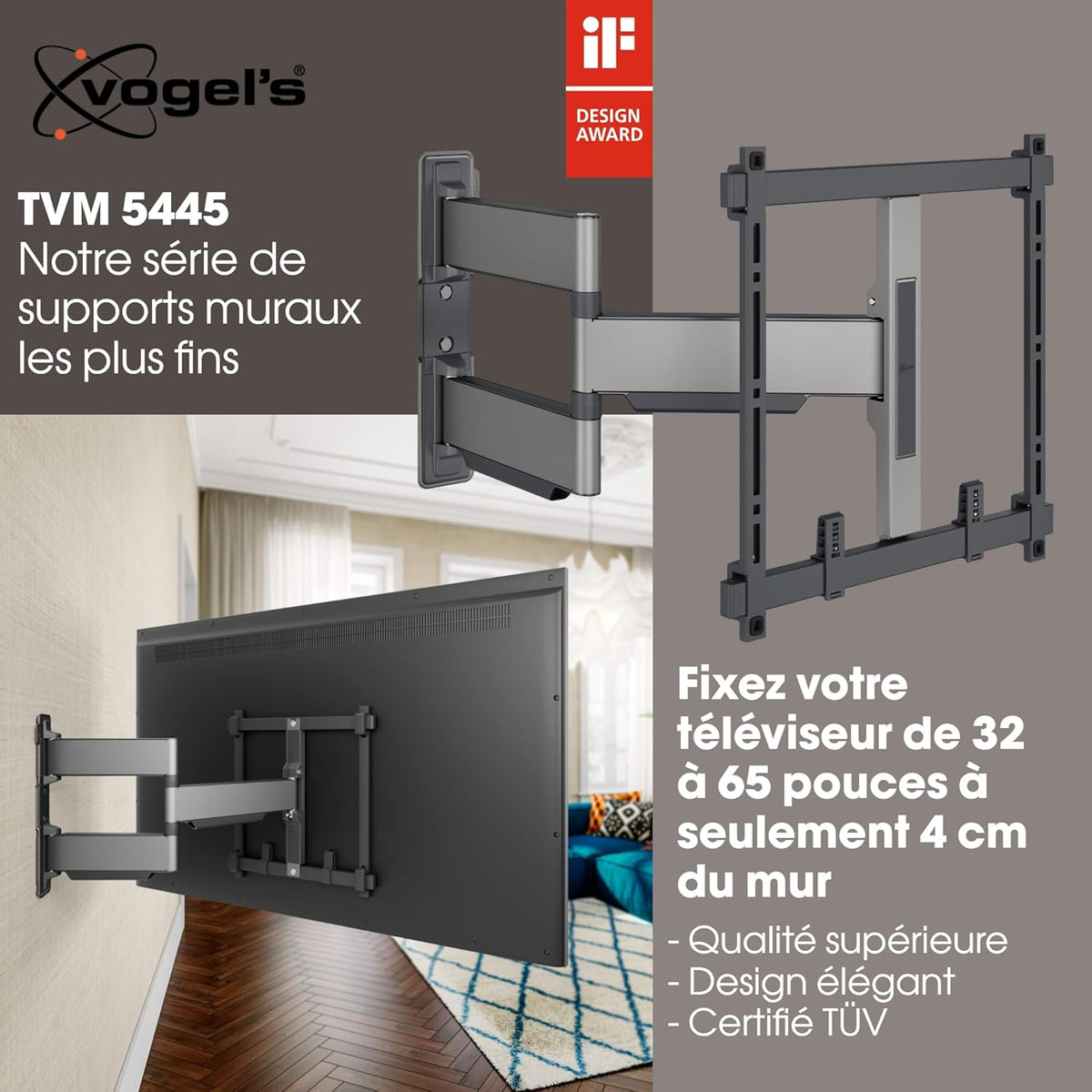 Vogel's Elite 5445 Support Mural TV pivotant et Ultra-Mince pour téléviseurs de 32 à 65 Pouces, Max. 35 kg, Pivote jusqu'à 180°, Support TV orientable Max. VESA 400x400, Universellement Compatible