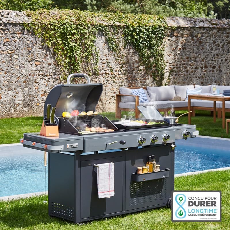 BRASERO - Barbecue Bi-Energy Gun Metal XL - Barbecue Charbon et Plancha 60 x 42 cm à gaz avec br?leur latéral -12,95 KW