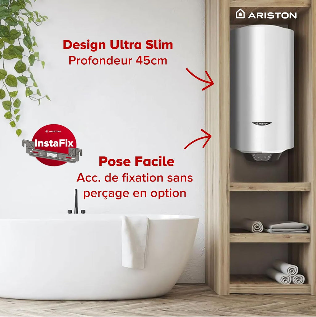 Ariston PRO1 ECO 80L - Chauffe-eau Electrique Vertical Mural ?450 mm - Intelligent Fonction ECO - Classe B - Con?u et fabriqué pour être installé en France