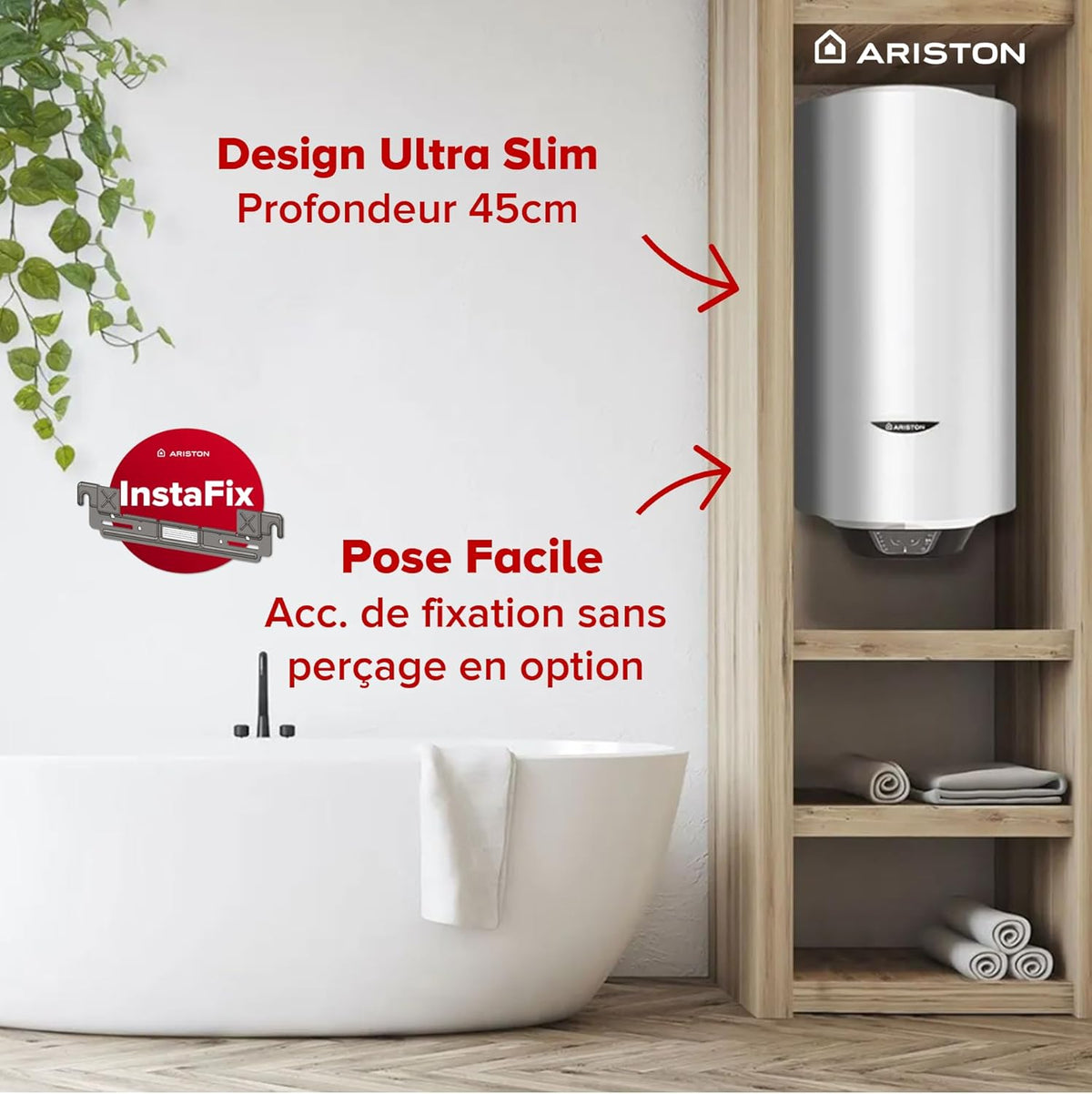 Ariston PRO1 ECO 80L - Chauffe-eau Electrique Vertical Mural ?450 mm - Intelligent Fonction ECO - Classe B - Con?u et fabriqué pour être installé en France