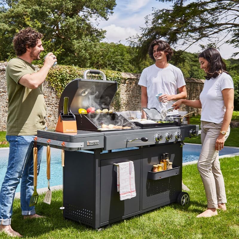 BRASERO - Barbecue Bi-Energy Gun Metal XL - Barbecue Charbon et Plancha 60 x 42 cm à gaz avec br?leur latéral -12,95 KW