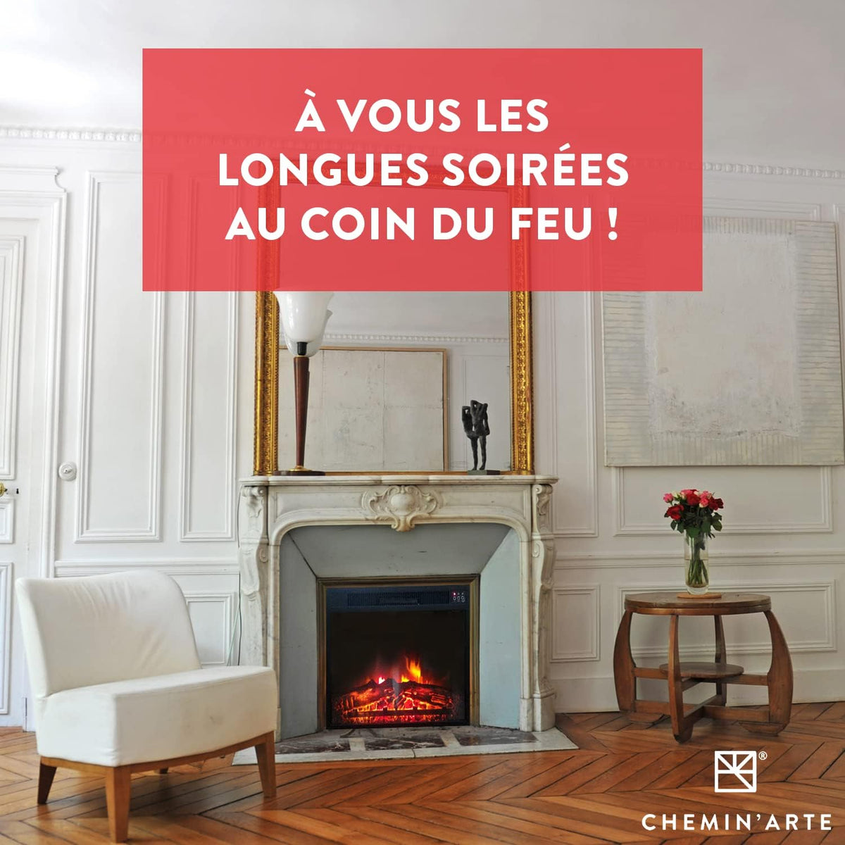 Chemin’Arte Insert électrique à Encastrer - Effet Flammes - LEDs - Oxford XL - 2000W - Con?u en France - Garanti 2 Ans