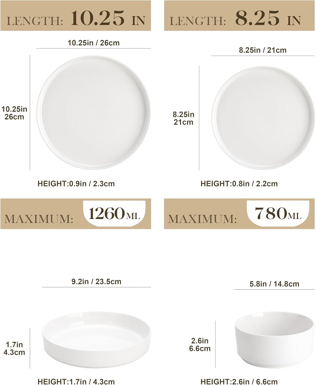 MALACASA, Série LEAH, Service de Table 24 Pièces en Porcelaine pour 6 Personnes | avec 6 Assiettes Plates, 6 Assiettes à Dessert, 6 Bols à Céréales et 6 Bols à Pate | Passe au Lave-vaisselle | Blanc