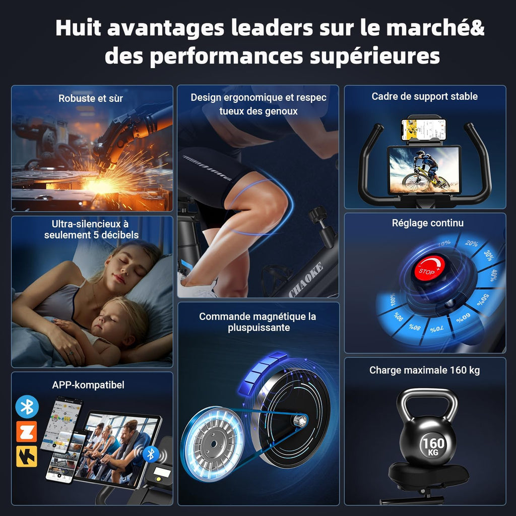 CHAOKE Velo d Appartement Silencieux avec Résistance Magnétique Réglable, Vélo d'appartement avec APP, Vélo d'exercice Moniteur LCD, Siège Confortable, Pour Entra?nement Cardio, Capacité 160KG