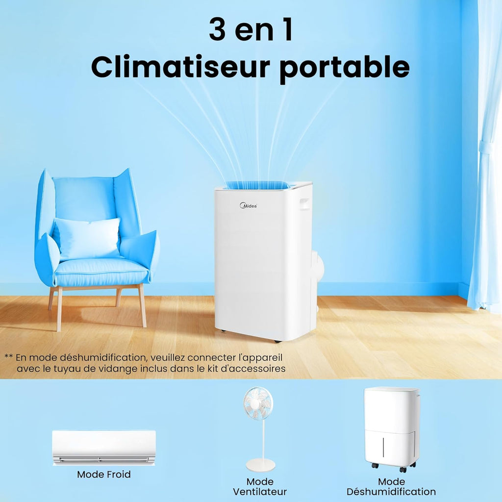 MIDEA Climatiseur Mobile Silencieux 12000 BTU avec évacuation - Climatisation Portable Prêt à Poser 3500W - Clim Réversible Split Mobile - 4 modes avec Kit de Fenêtre et App Control