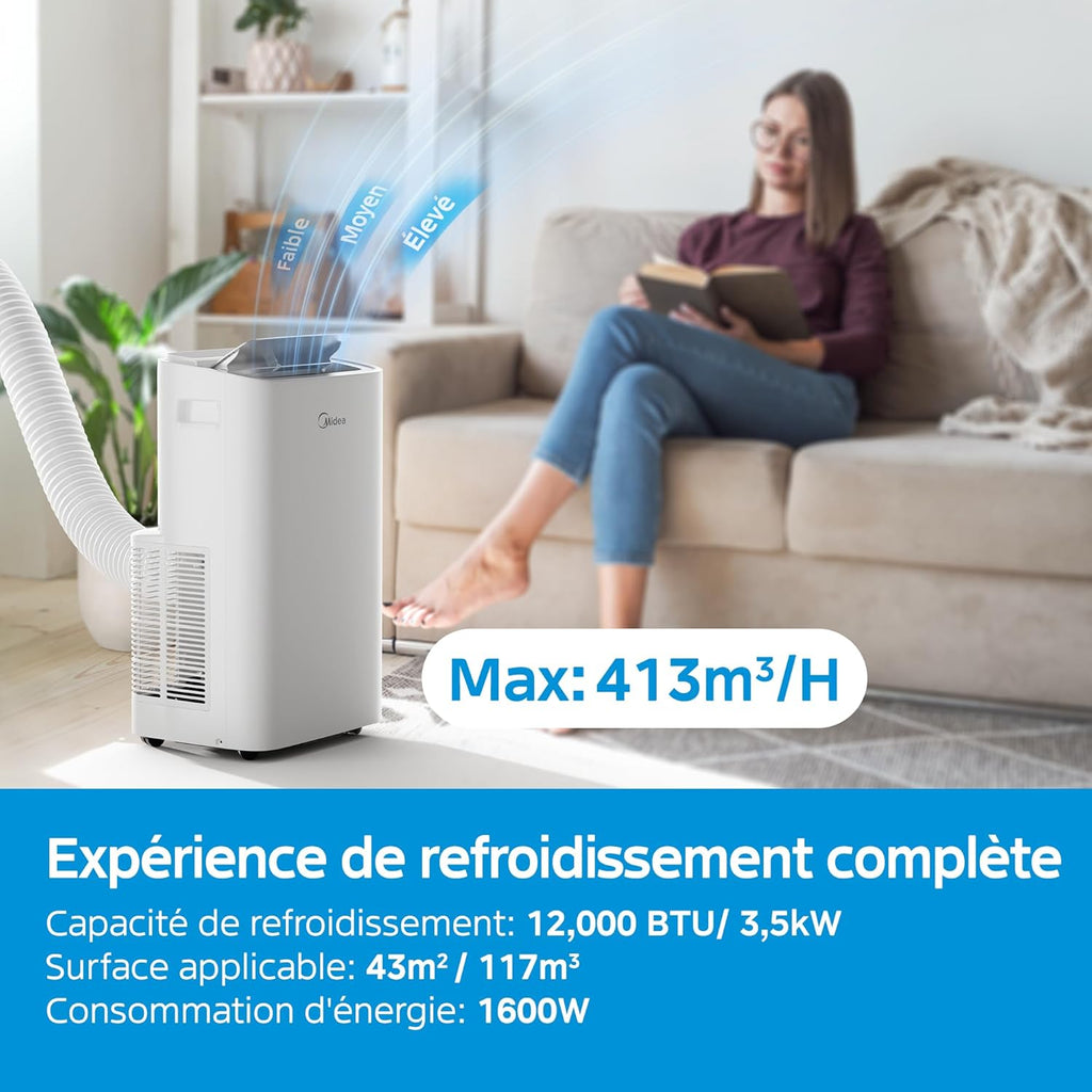 MIDEA Climatiseur Mobile Silencieux 12000 BTU avec évacuation - Climatisation Portable Prêt à Poser 3500W - Clim Réversible Split Mobile - 4 modes avec Kit de Fenêtre et App Control