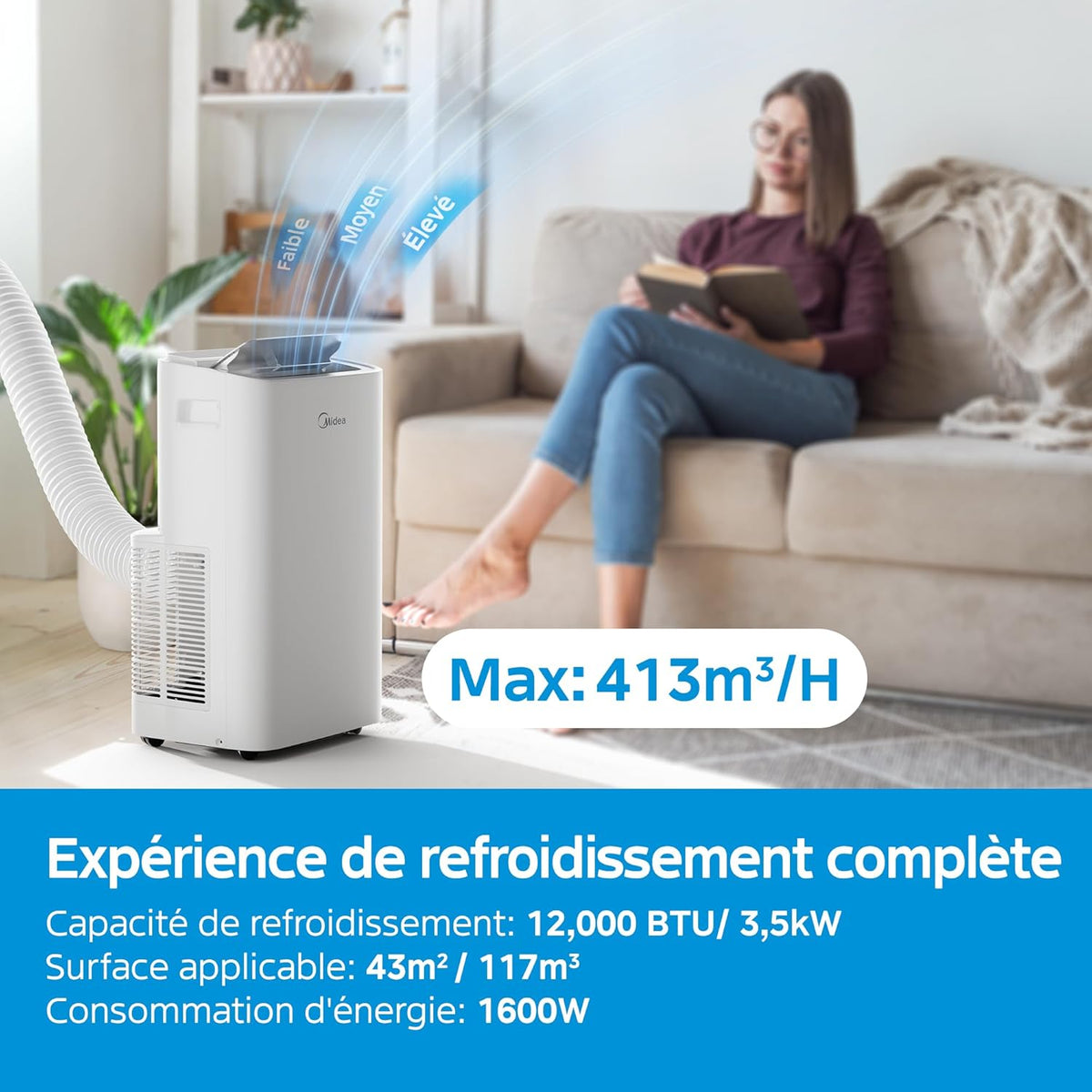 MIDEA Climatiseur Mobile Silencieux 12000 BTU avec évacuation - Climatisation Portable Prêt à Poser 3500W - Clim Réversible Split Mobile - 4 modes avec Kit de Fenêtre et App Control