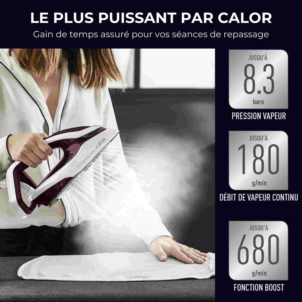 Calor Pro Express Vision Centrale vapeur, Lumière Smart LED sur le fer, Pression de 8,3 bars, Ultrapuissante, Débit vapeur 180 g/min, Jet vapeur 680 g/min, Anticalcaire, Fabriqué en France GV9810C0