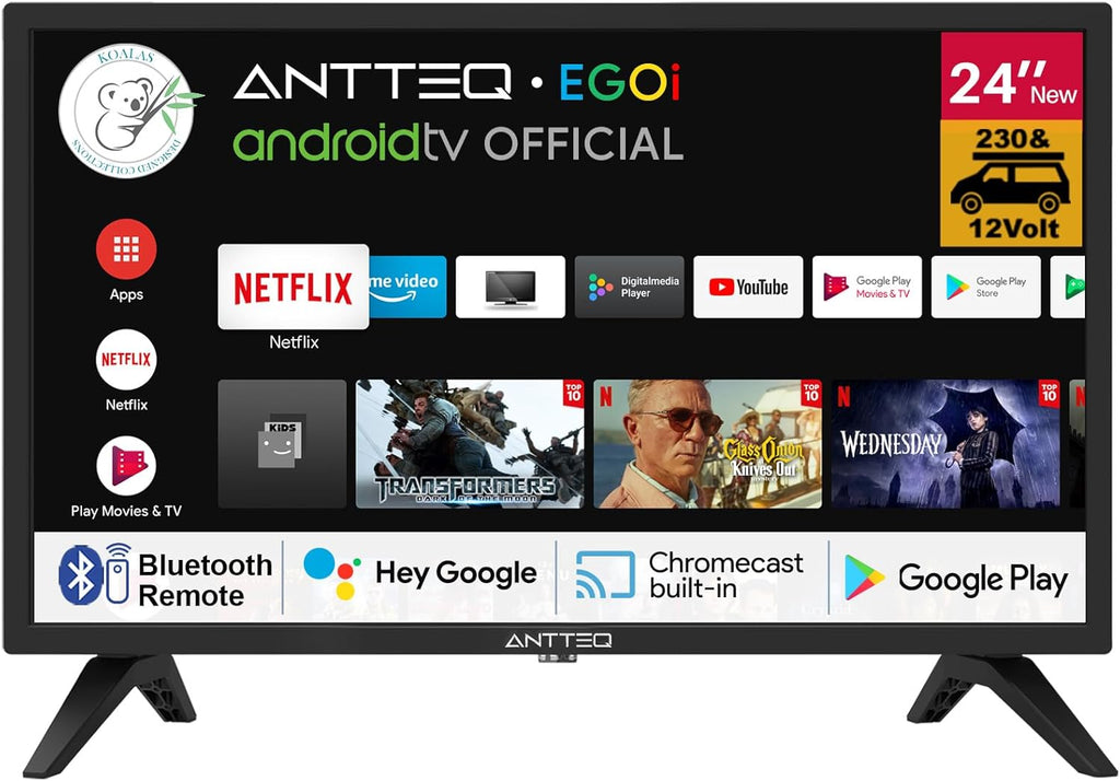 Antteq G24 Smart TV 24 Pouces (60 cm)  Television 220/12V  Bluetooth compatibilité avec Google Assistant  Triple Tuner (DVB-S2/T2/C)  WiFi  Bluetooth  HDMI  USB  Miroir d’écran  Idéal Camping