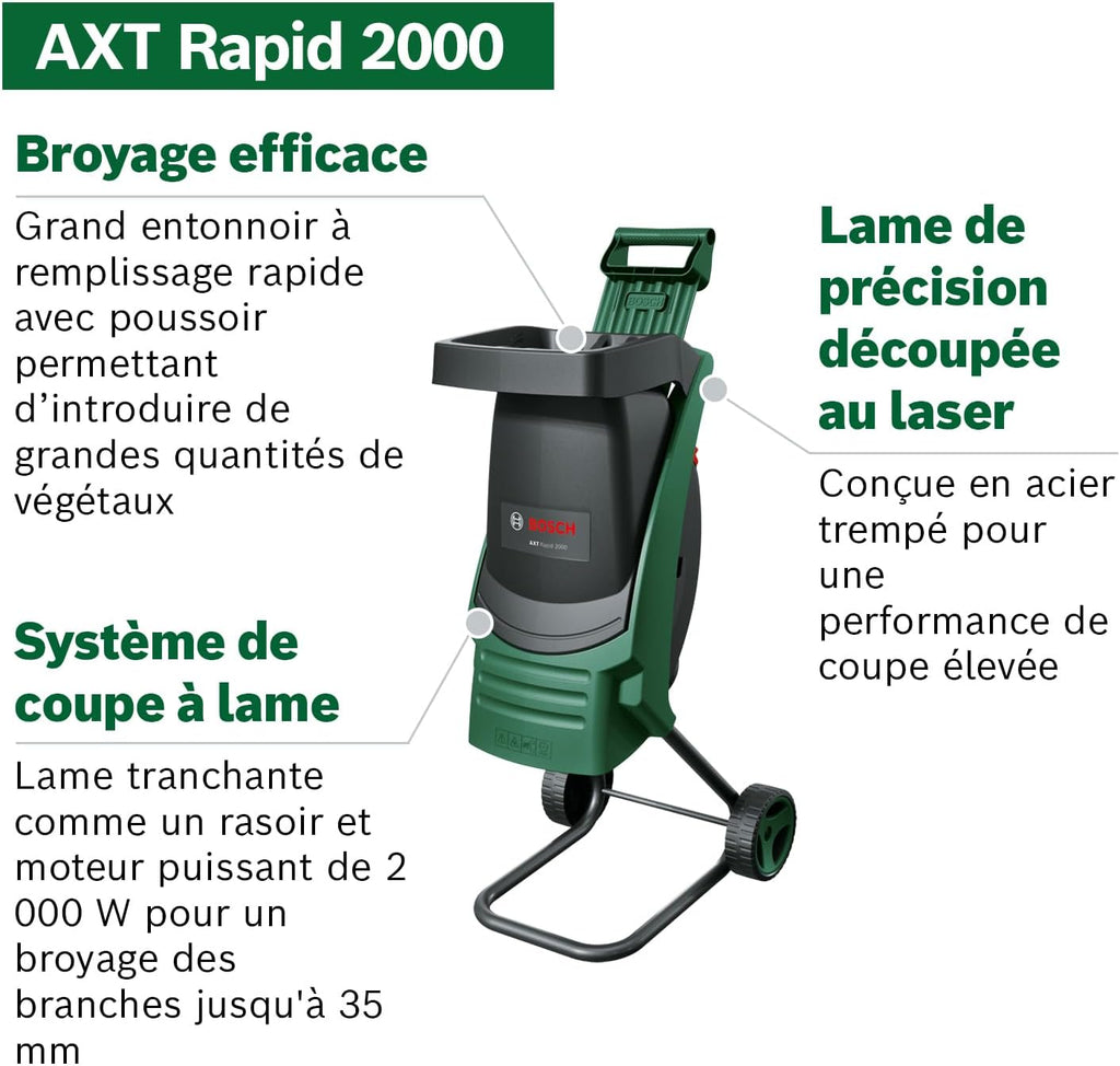 Bosch AXT Rapid 2000 Broyeur de végétaux (pour un broyage puissant des débris de jardin ; moteur puissant de 2000 W)