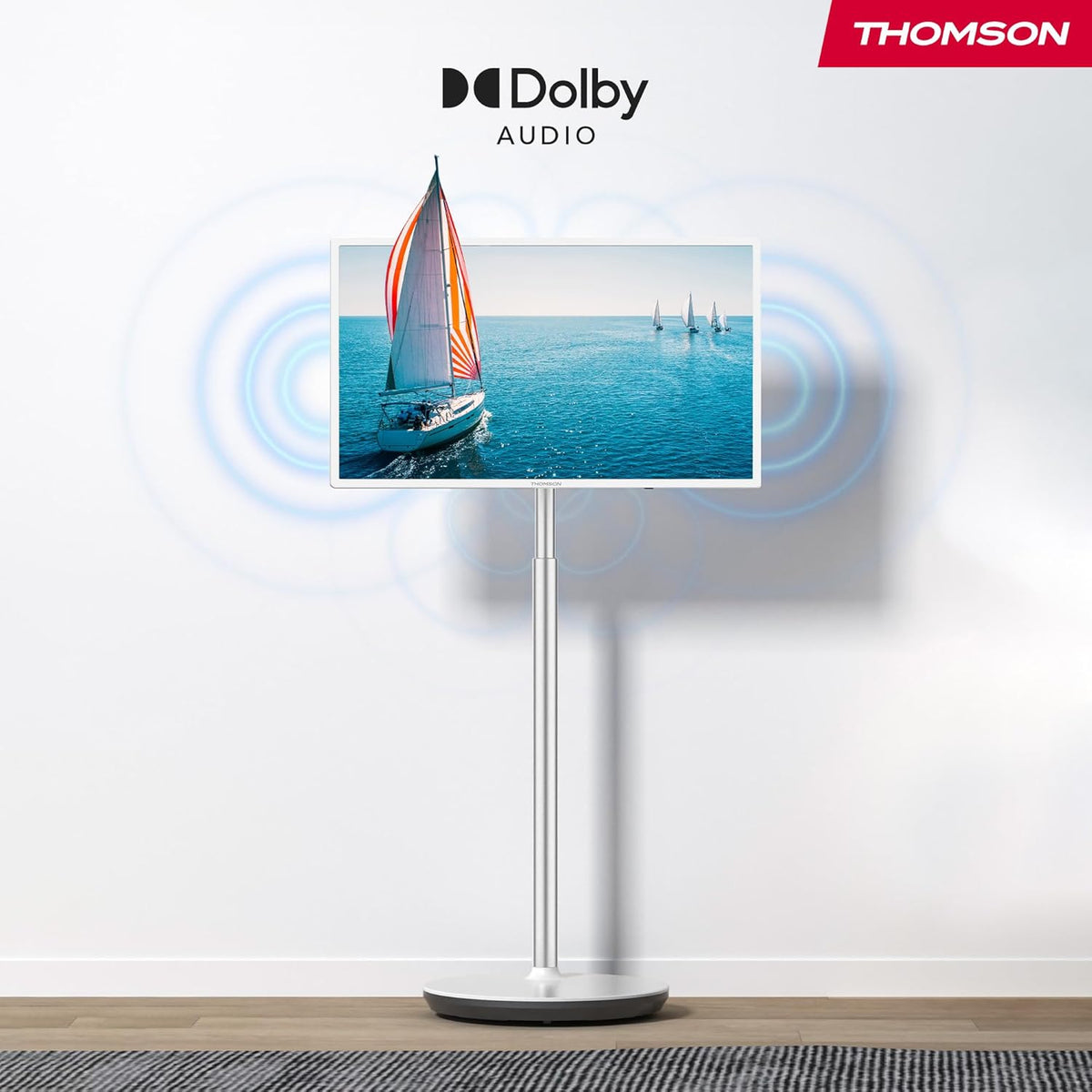 Compacte witte behuizing en zwenkwielen van de THOMSON Go TV