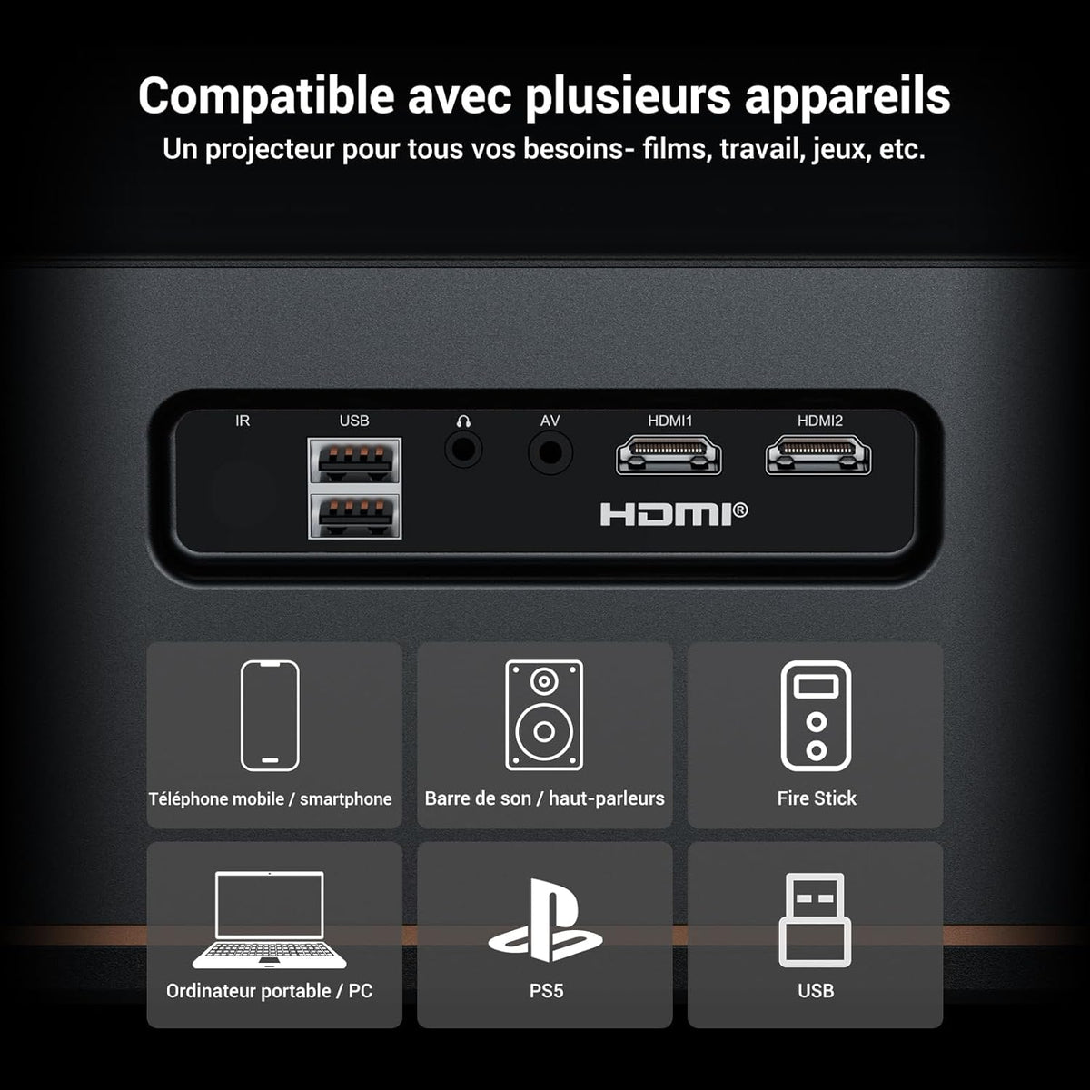 1500 ANSI Full HD Videoprojecteur 4k avec WiFi 6 Bluetooth 5.2, HAPPRUN Projecteur Video Home Cinéma avec Auto Focus et Keystone, 300" Vidéoprojecteur Extérieur Intérieur, Compatible TV Stick/PC/