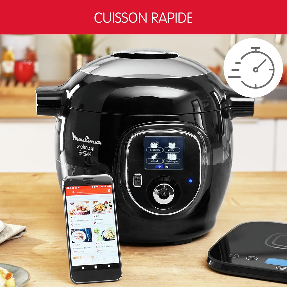 Moulinex Connect Multicuiseur Intelligent Haute Pression Balance et Moule Inclus 6L 200 Recettes 6 Modes de Cuisson Guide Pas à Pas Application Mon Cookeo CE859800, 6 liters, Noir