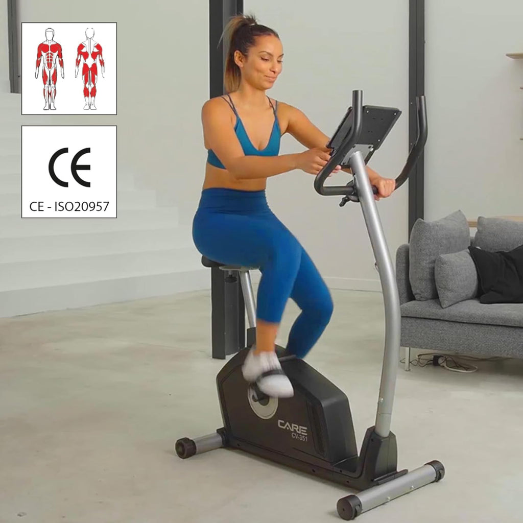 CARE FITNESS - Vélo d’Appartement Motorisé CV-351 – Masse d'Inertie 10kg - Résistance Magnétique à 16 Niveaux - 7 Programmes d'Entra?nement - Selle Ajustable - Connectivité Application Kinomap