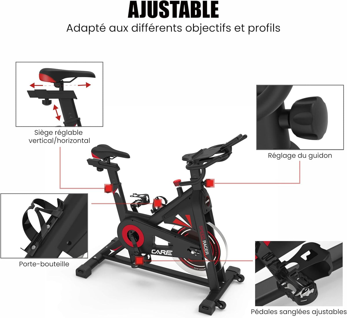 CARE FITNESS - VéLO DE BIKING - Speed racer - velo d'appartement avec écran LCD-Masse d'inertie 22kg-Guidon et selle réglable