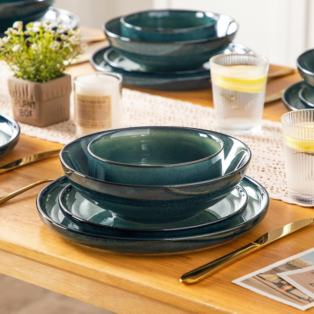 vancasso Série STARRY Service de Table 24 Pièces en Grès, Service Vaisselle 6 Personnes, avec 6 Assiettes Plates, 6 Assiettes à Dessert, 6 Assiettes Creuses, 6 Bols à Céréales, Vert à émail Réactif