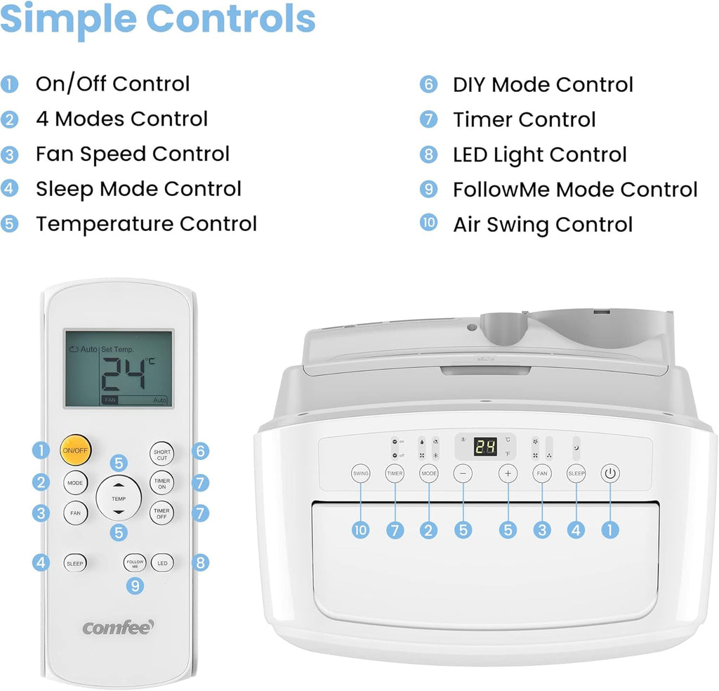 COMFEE' Climatiseur Mobile 12000 BTU/H 3,5 kW, 3 Modes, Fonction Follow Me, Télécommande, pour grandes pièces de 43㎡/117m3, Kit d'évacution inclus, Réfrigérant naturel, PAC 12000