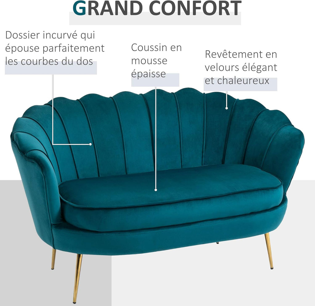 HOMCOM Canapé 2 Places en Tissu Velours, Petit canapé, en Forme de Coquillage, avec Coussin épais de 10 cm, canapé, Structure en métal, Pieds dorés effilés, Facile à Assembler, Bleu Canard