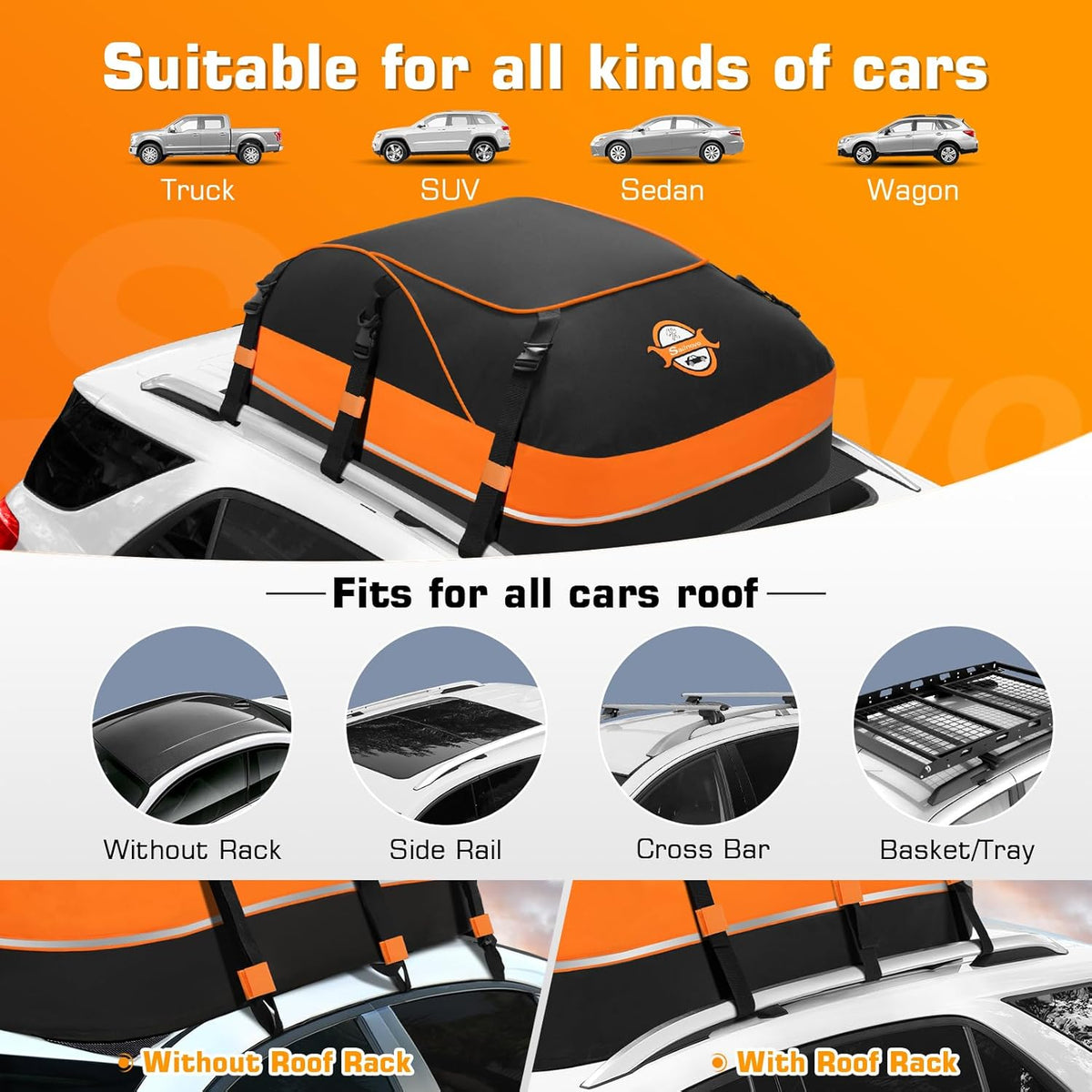 Sailnovo Sac de toit pliable 595 l, matériau étanche 1000D, tapis antidérapant, 8 sangles renforcées, 6 crochets de porte, pour le transport des bagages sur tous les véhicules avec/sans barres de toit