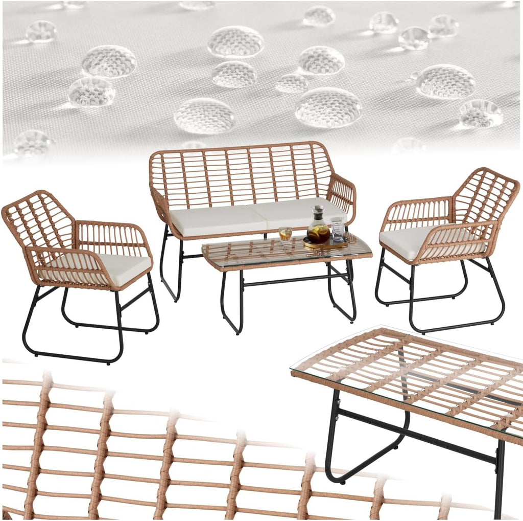 TecTake? Salon de Jardin Extérieur en Poly Rotin 4 Personnes Ensemble Canapé 2 Places 2 Fauteuil Salon et Table de Jardin, Coussins Amovibles Inclus, Amenagement Balcon Terrasse Veranda