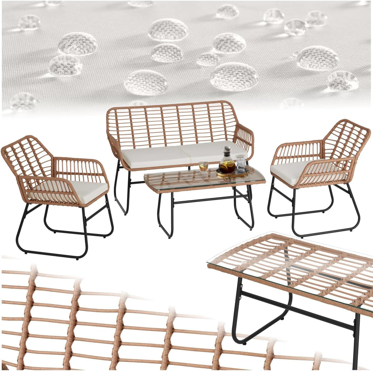 TecTake? Salon de Jardin Extérieur en Poly Rotin 4 Personnes Ensemble Canapé 2 Places 2 Fauteuil Salon et Table de Jardin, Coussins Amovibles Inclus, Amenagement Balcon Terrasse Veranda