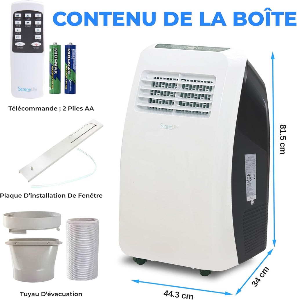 SereneLife Climatiseur Mobile Silencieux 7K BTU  Climatiseur Portable 3-en-1 avec Fonction Déshumidificateur Intégrée  Mode Ventilateur  Télécommande  Kit d'évacuation Complet pour Fenêtre Blanc