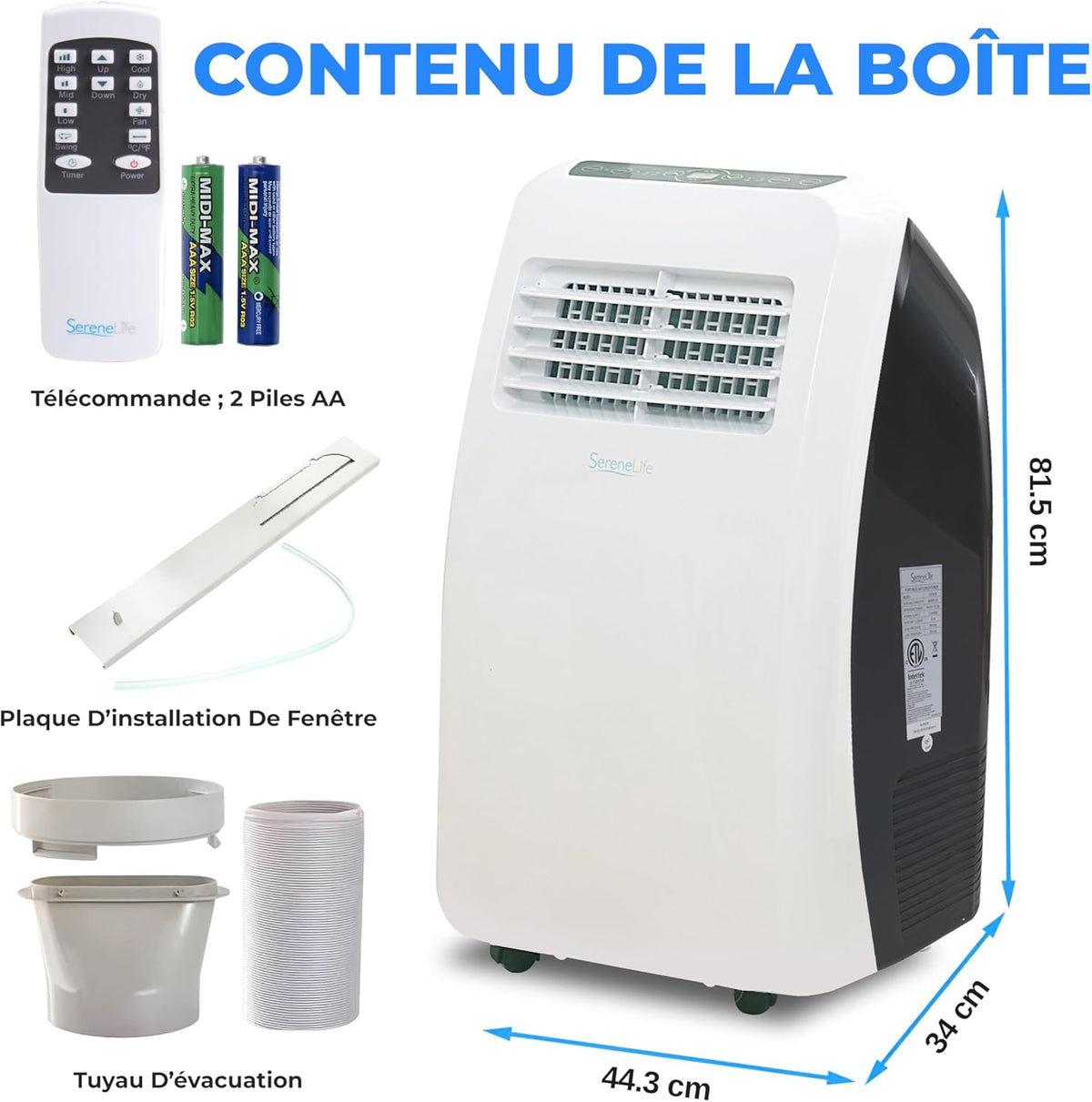SereneLife Climatiseur Mobile Silencieux 7K BTU  Climatiseur Portable 3-en-1 avec Fonction Déshumidificateur Intégrée  Mode Ventilateur  Télécommande  Kit d'évacuation Complet pour Fenêtre Blanc