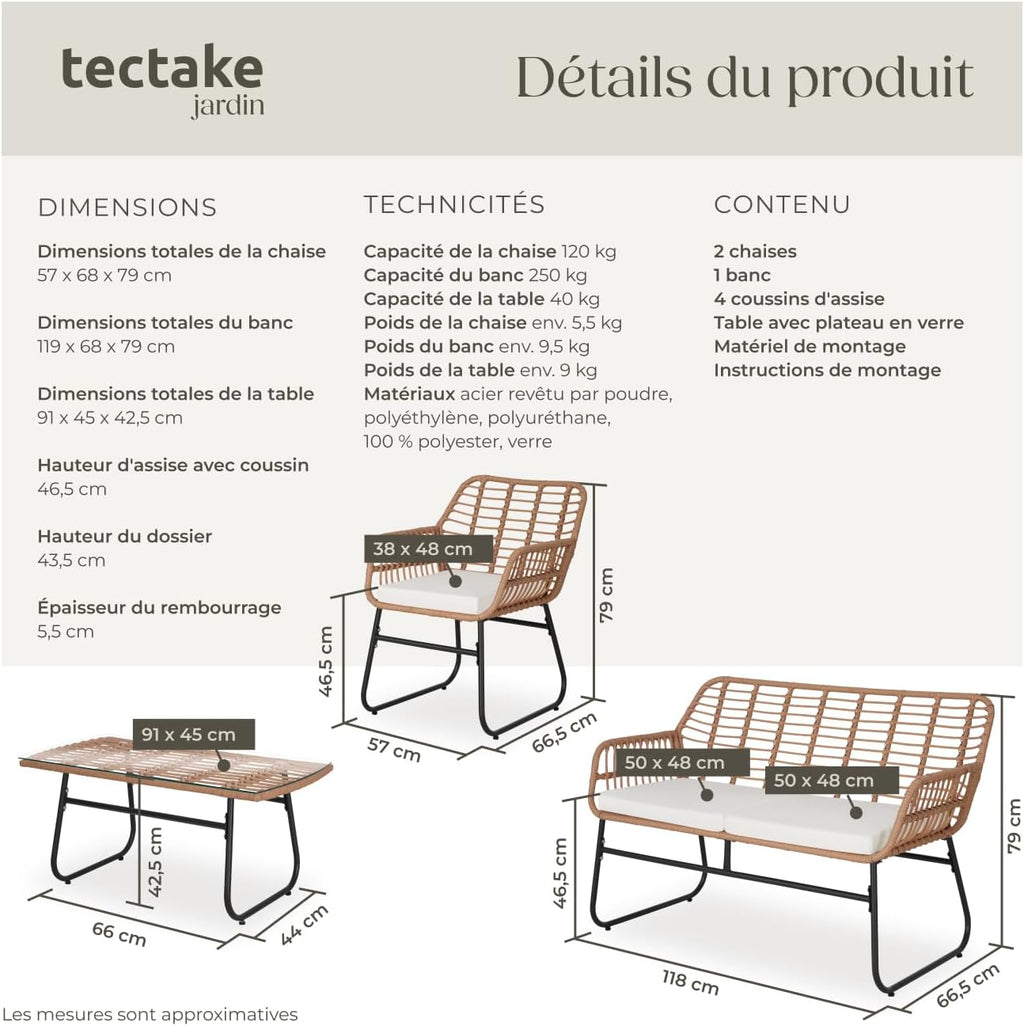 TecTake? Salon de Jardin Extérieur en Poly Rotin 4 Personnes Ensemble Canapé 2 Places 2 Fauteuil Salon et Table de Jardin, Coussins Amovibles Inclus, Amenagement Balcon Terrasse Veranda
