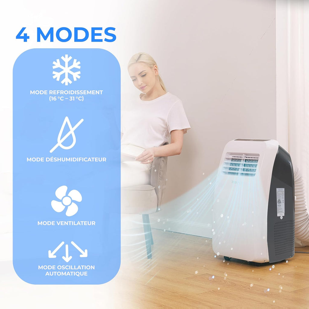 SereneLife Climatiseur Mobile Silencieux 7K BTU  Climatiseur Portable 3-en-1 avec Fonction Déshumidificateur Intégrée  Mode Ventilateur  Télécommande  Kit d'évacuation Complet pour Fenêtre Blanc