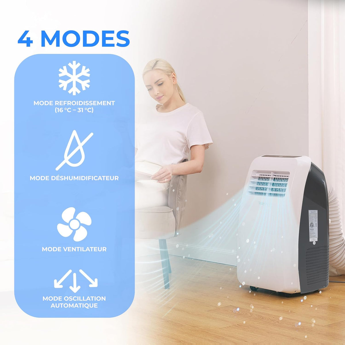 SereneLife Climatiseur Mobile Silencieux 7K BTU  Climatiseur Portable 3-en-1 avec Fonction Déshumidificateur Intégrée  Mode Ventilateur  Télécommande  Kit d'évacuation Complet pour Fenêtre Blanc