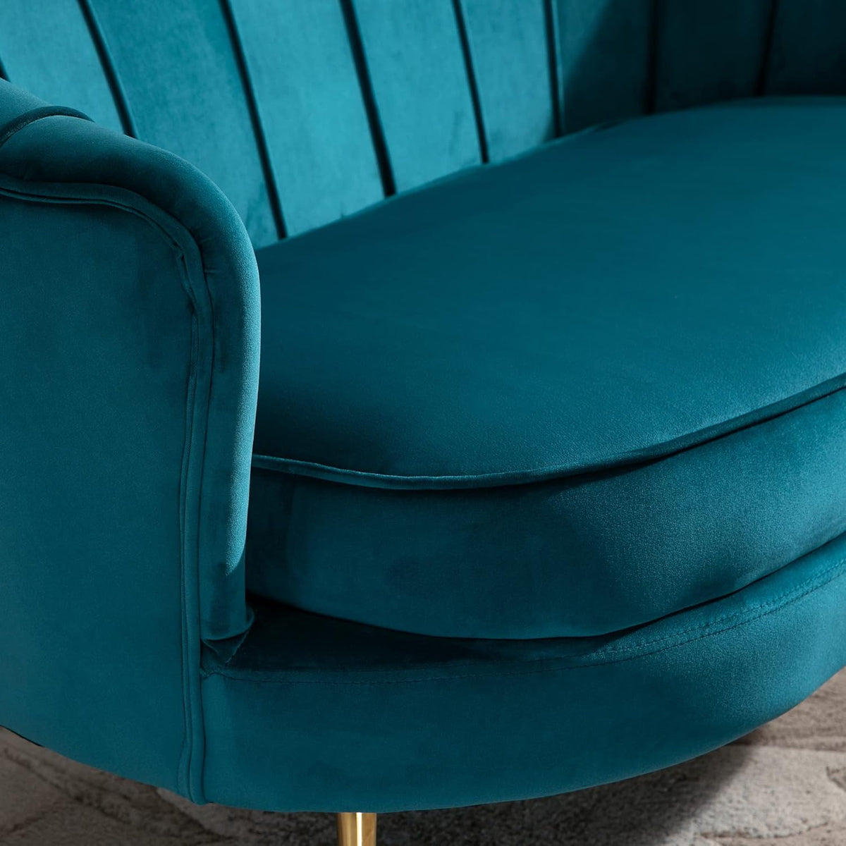HOMCOM Canapé 2 Places en Tissu Velours, Petit canapé, en Forme de Coquillage, avec Coussin épais de 10 cm, canapé, Structure en métal, Pieds dorés effilés, Facile à Assembler, Bleu Canard