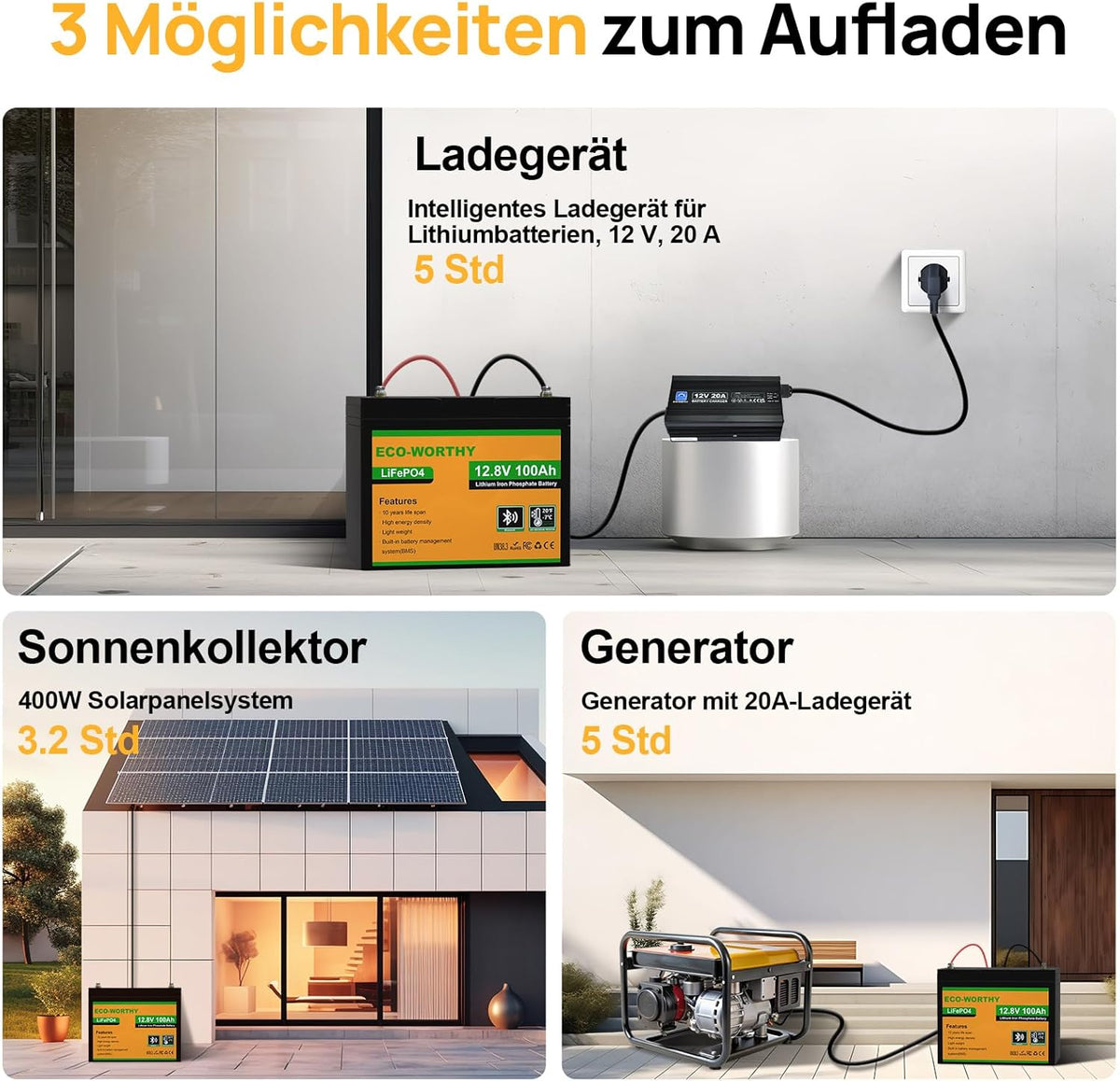ECO-WORTHY Bluetooth Batterie Lithium 12V 100AH, Batterie LiFePO4 avec Protection à Basse Température, BMS Intelligent, 1280Wh énergie, pour caravanes, camping-car, système solaire,pêche à la ligne