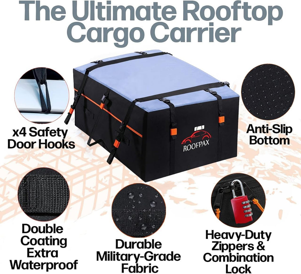 RoofPax 0,7 m3. Sac de Transport pour Toit Extra étanche, Double Fermeture éclair résistante aux intempéries, Tapis intégré, 10 Sangles d’arrimage Robustes pour Voitures avec ou sans Barres ou Rails
