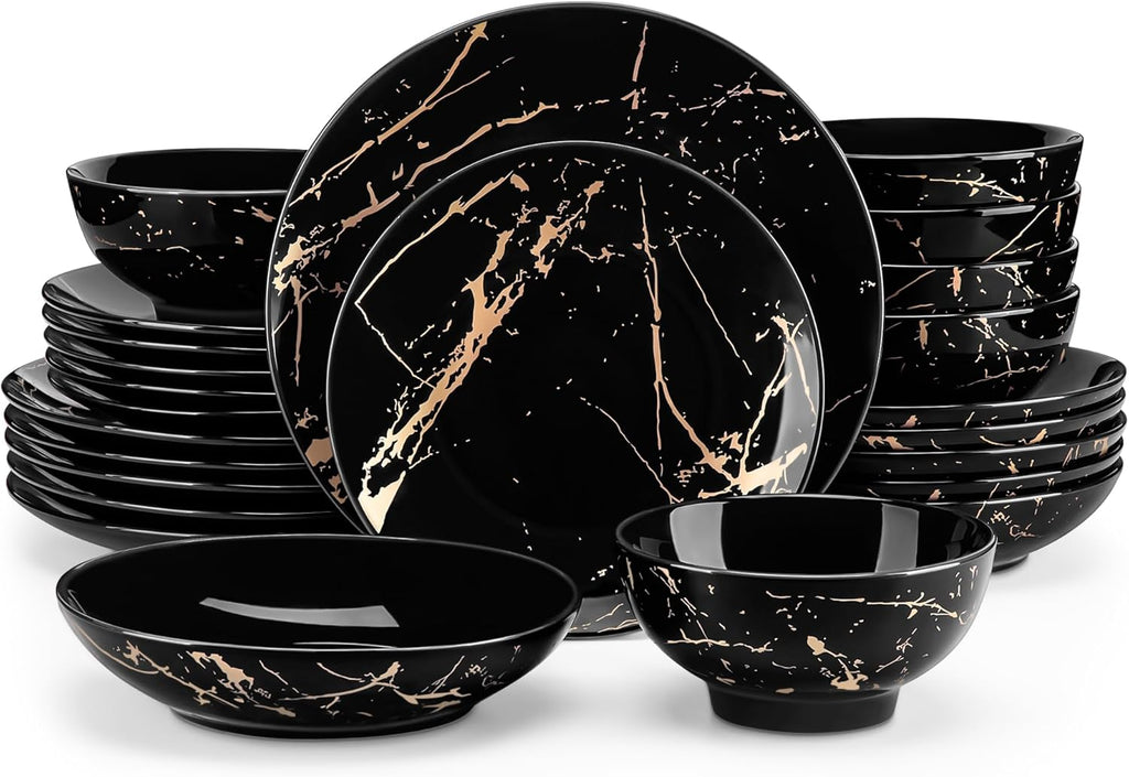 LOVECASA Service de Table 6 Personnes - Collection Daphne en Grès - 24 Pièces (Assiettes Plates, Dessert, Bols Céréales, Pates) Design Noir & Doré