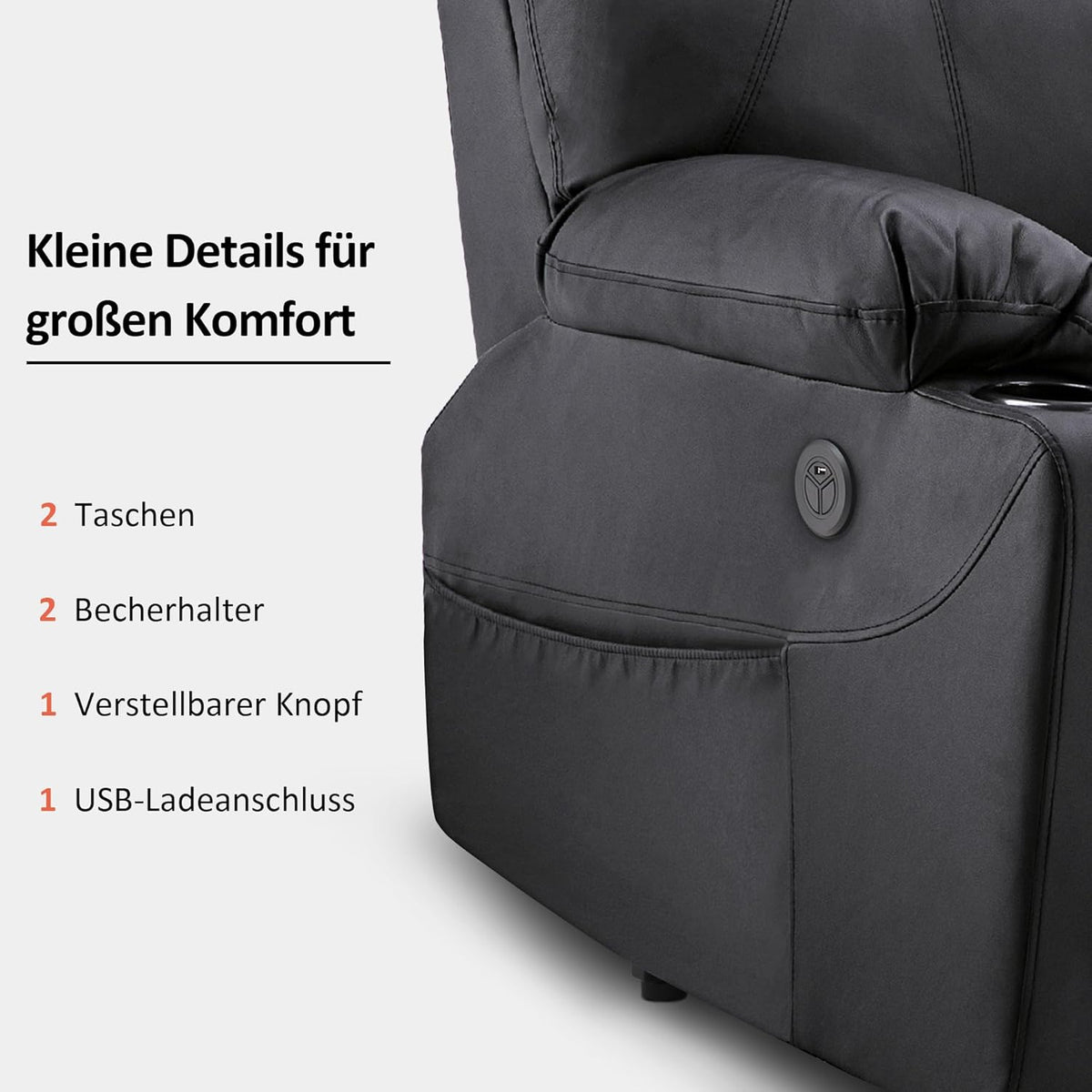 Aide à l'arrimage électrique MCombo, Fauteuil TV, Fauteuil Relaxant, Massage, Chauffage, Connexion USB réglable électriquement, Simili cuir, Noir