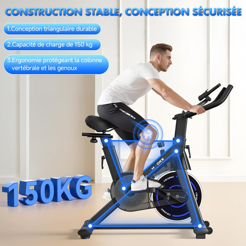 Velo d Appartement, CHAOKE Vélo d'appartement Silencieux avec Résistance Magnétique Réglable, Vélo d'exercice d'intérieur avec App et écran LCD, Pour Entra?nement Cardio, Capacité 150KG