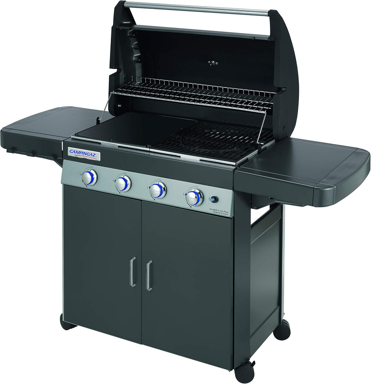 Campingaz Barbecue à gaz Class 4 LD Plus  4 br?leurs  Puissance 12.8kW Système de nettoyage facile InstaClean  grille et plancha en fonte double émaillage  2 tablettes latérales