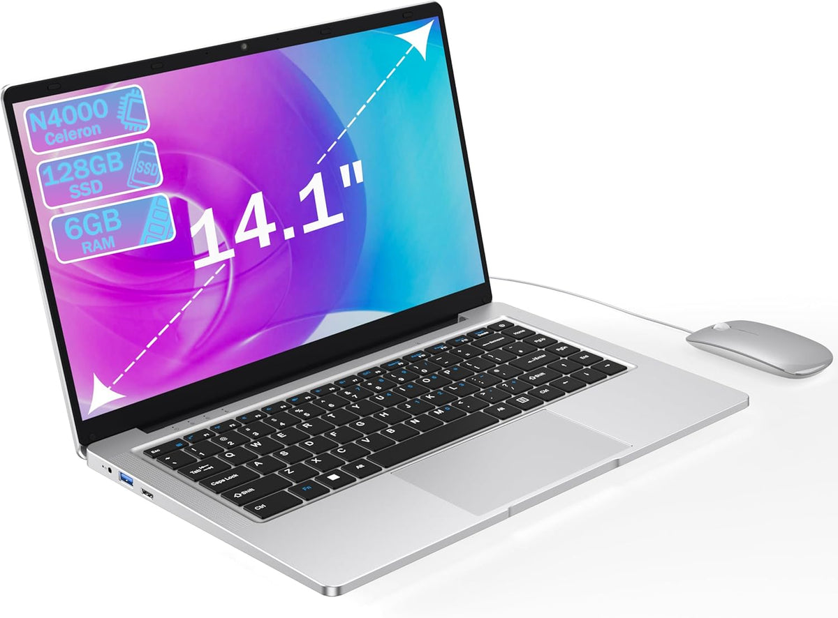 Ordinateur Portable 14 1" Pouces laptop  6 Go de RAM  128 Go de SSD  N4000 Celeron Dual-Core  Wi-Fi Bluetooth 2 4/5 0G  1366 * 768 IPS  Design sans Ventilateur  Inclus une Souris  Clavier à Membrane.