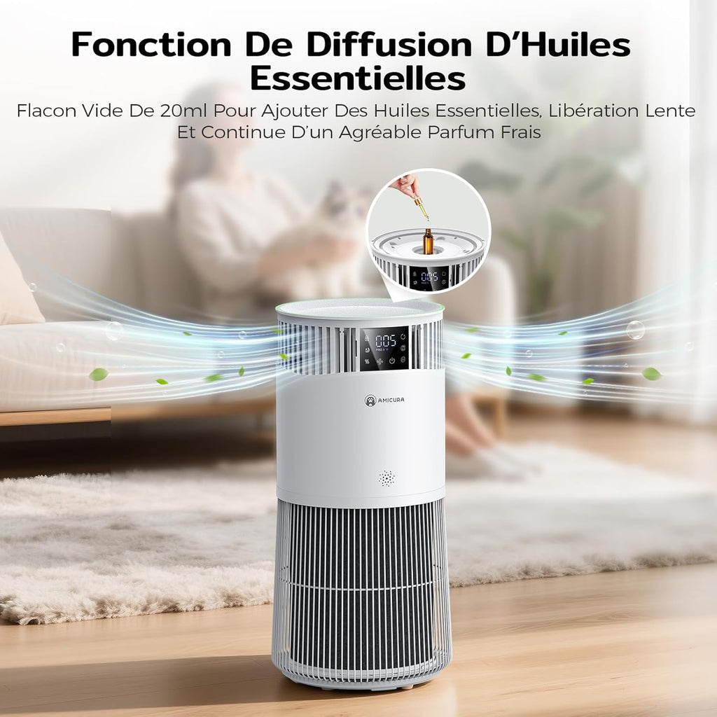 Amicura P2 Purificateur d'air Hepa pour Animaux et Personnes Allergiques, 843 m3/h CADR Contre les Poils d'animaux, Filtre Hospitalier H13 Hepa, 450 m3/h de Particules, Contr?le par App